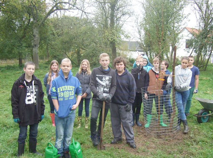 Gruppe von Schülern die ein Baum pflanzen